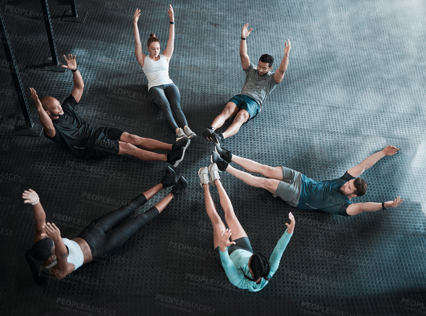 Buy stock photo Group, circle and sit up training for fitness, exercise and gym class, club or core workout for challenge. People, personal trainer or friends collaboration for weight loss, endurance or health