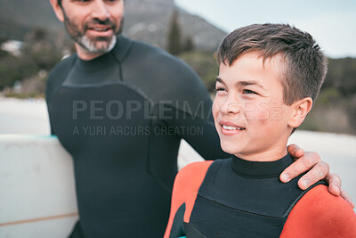 Buy stock photo Happy, dad or child on beach for surfing, sports or exercise on outdoor bonding adventure. Surfer, father and son at ocean for swimming, teaching or learning together with support, surfboard or smile