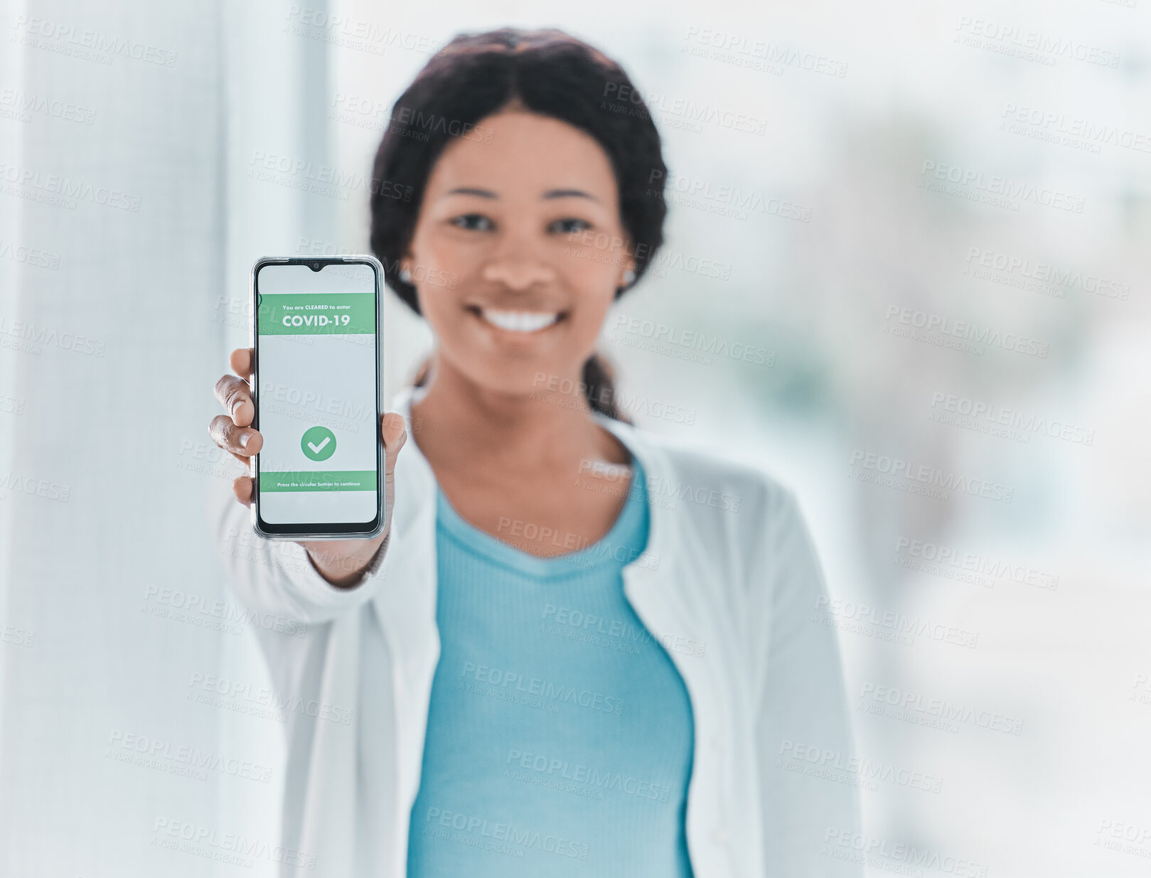 Buy stock photo Smartphone, screen and African woman with QR code, mobile app and virus or medical test results for health services. Website ux, online info and feedback with happy person and healthcare software