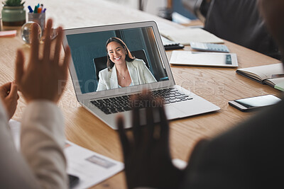 Buy stock photo Hands, video call and group in meeting, boardroom and discussion for finance of business and smile. Laptop, greeting and teleconference with accountant, people and communication with team and online