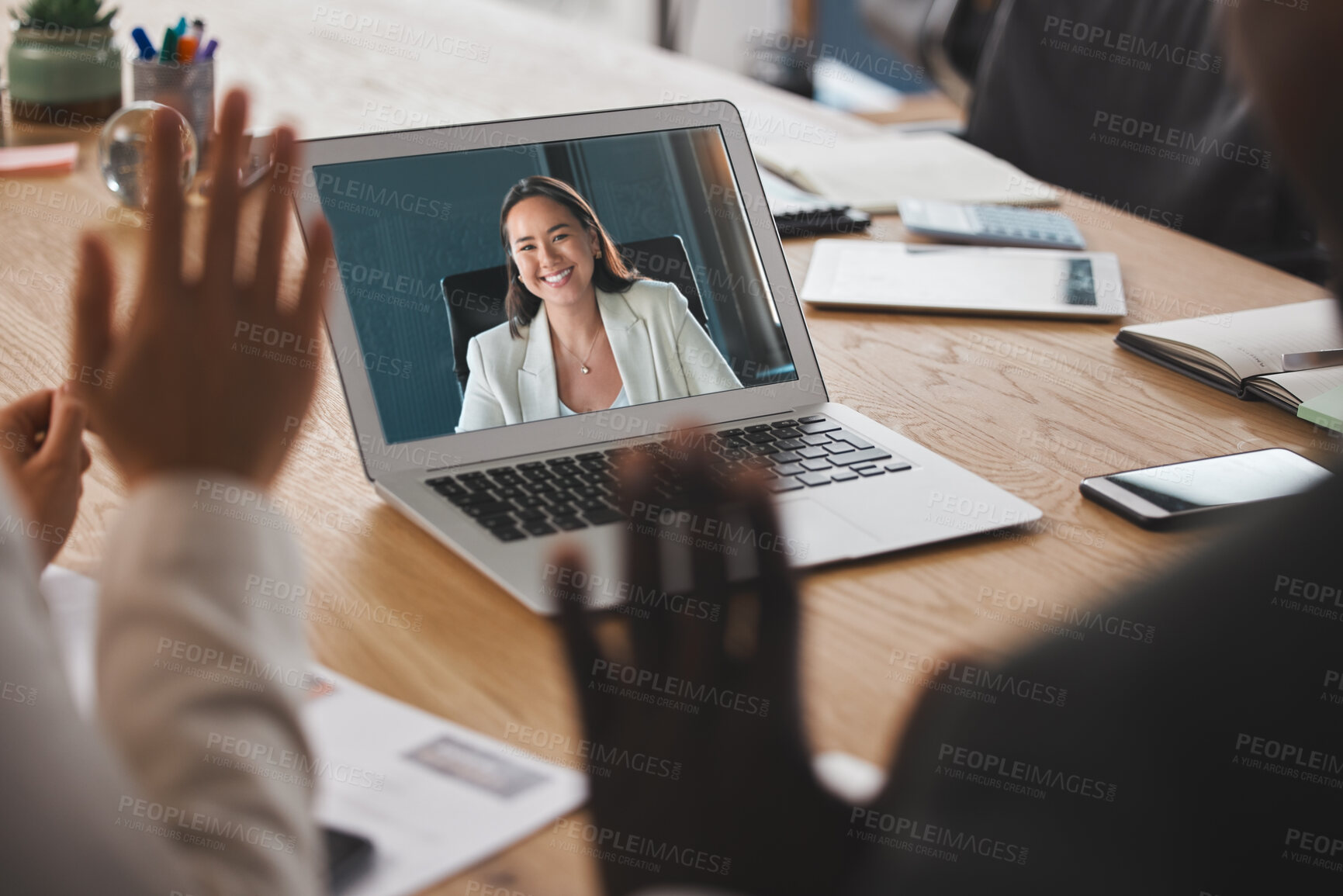 Buy stock photo Hands, video call and group in meeting, boardroom and discussion for finance of business and smile. Laptop, greeting and teleconference with accountant, people and communication with team and online