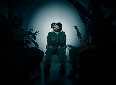 Buy stock photo Bipolar, mental health and shadow with woman in studio on dark background for rehabilitation. Fear, psychology and schizophrenia with patient person in spotlight for healthcare or medical assessment