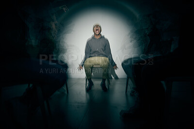 Buy stock photo Mental health, psychology and screaming with man in studio on dark background for rehabilitation. Bipolar, schizophrenia and shadow with patient in spotlight for healthcare or medical assessment