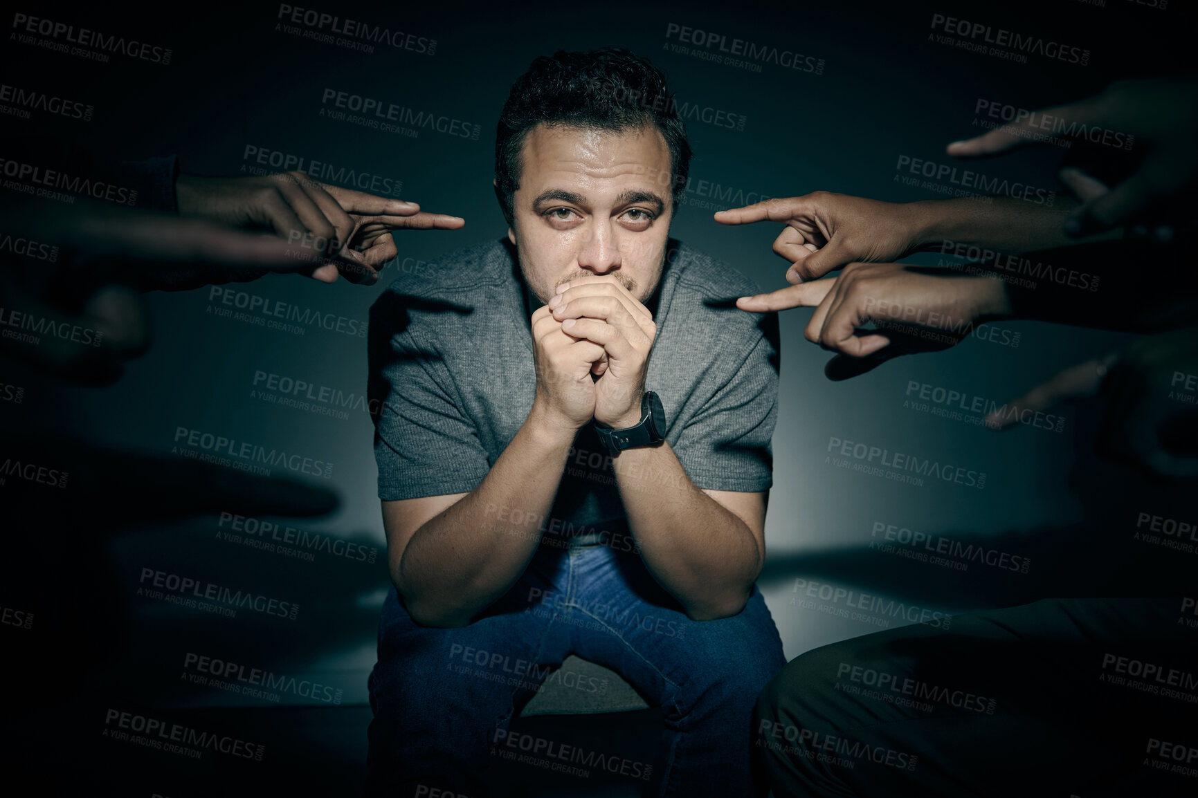 Buy stock photo Mental health, pointing and psychology with man in studio on dark background for rehabilitation. Blame, shame and victim with bipolar patient person in spotlight for healthcare or medical assessment