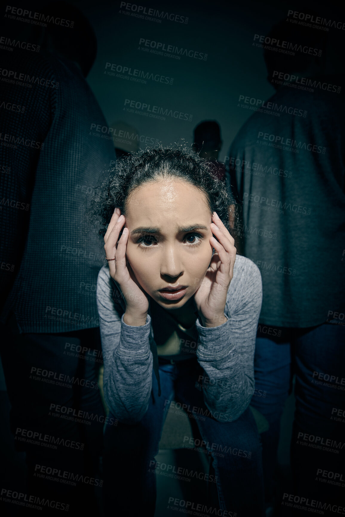 Buy stock photo Mental health, panic and paranoid with woman in studio on dark background for rehabilitation. Anxiety, bipolar and fear with schizophrenia patient in spotlight for healthcare or medical assessment