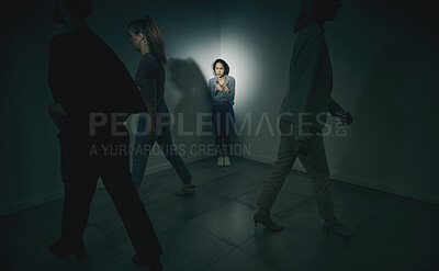 Buy stock photo Girl, fear and psychology for mental health in asylum with trauma shadows of kidnapping crisis in dark room. Woman, scared and people with anxiety risk, abuse victim and safety fail of rehabilitation