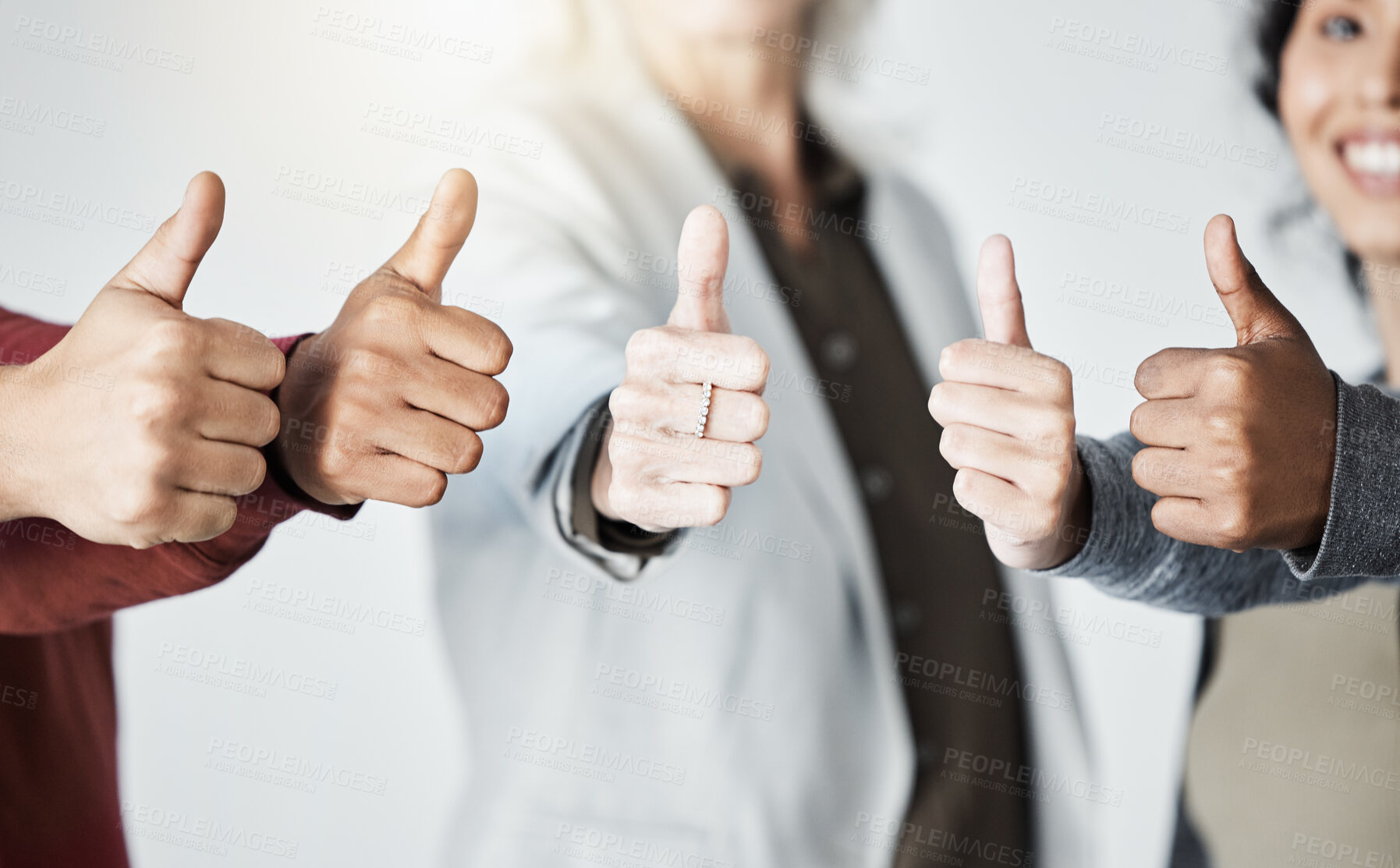 Buy stock photo Hands, teamwork or business people with thumbs up or diversity for good job or well done in meeting. Group, staff or happy employees with smile, like gesture or yes sign for review or development