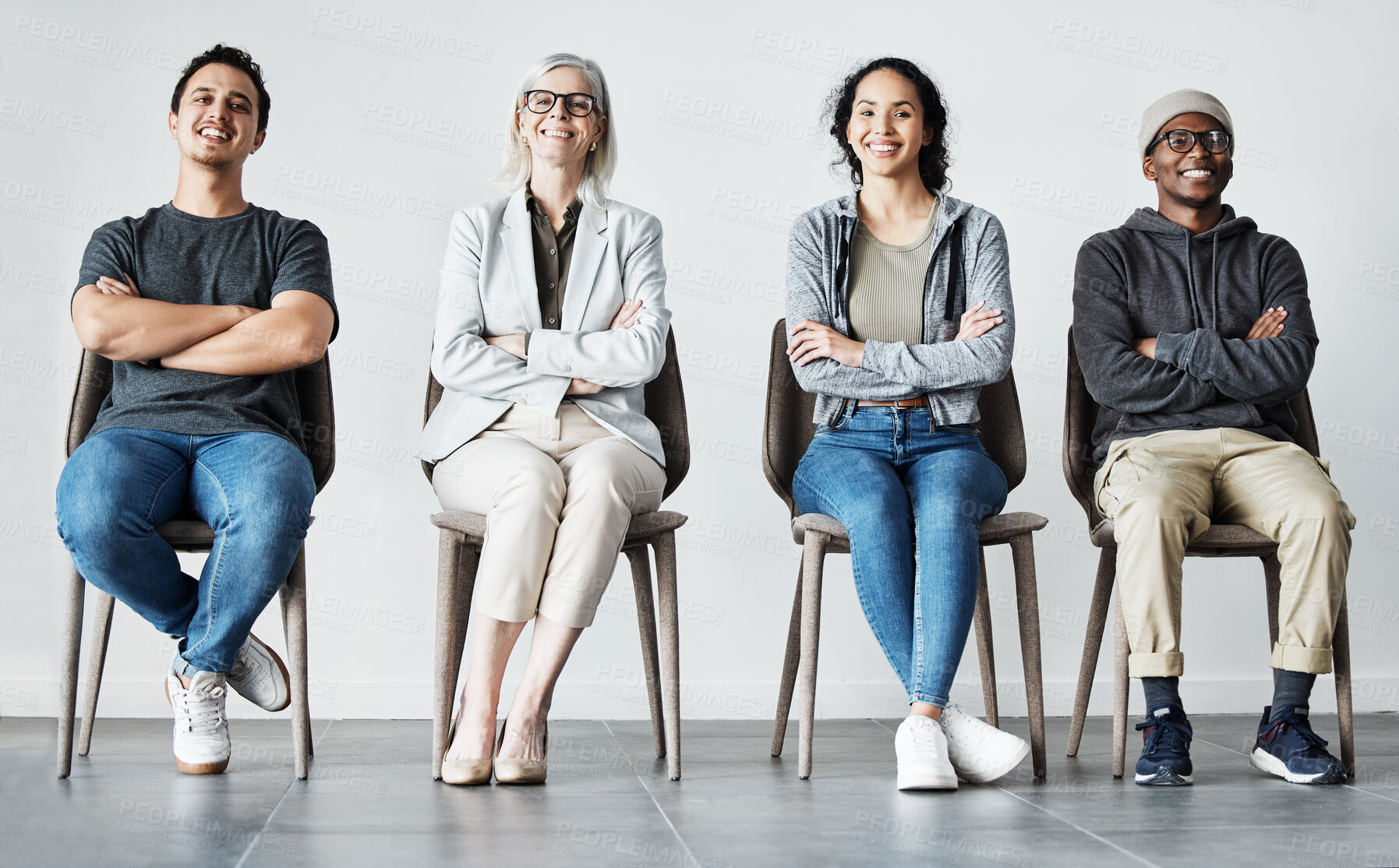 Buy stock photo Portrait, waiting room and happy group of business people with confidence for recruitment. Hr candidates, queue and job search with competition for diversity, interview and arms crossed for hiring