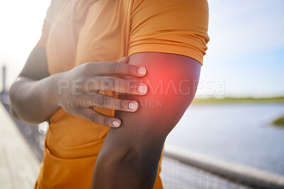 Buy stock photo Fitness, man and hands with arm pain in nature for sports injury, exercise or tension in muscle. Athlete, accident and person with red glow outdoors for workout sprain, training or joint inflammation