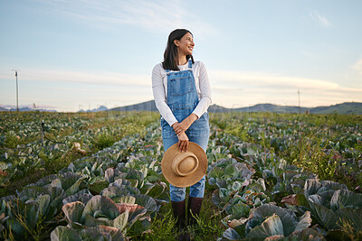 Buy stock photo Farmer, smile and woman in nature, cabbage and growth of crops, proud and business in food industry. Environment, thinking and person in countryside, agriculture and entrepreneur with vegetables