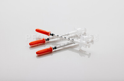 Buy stock photo Pharmacy, syringe and injection for vaccine, medication and illness or cure on white studio background. Drugs, needle and pharmaceutical product for healthcare, flu shot or equipment at clinic