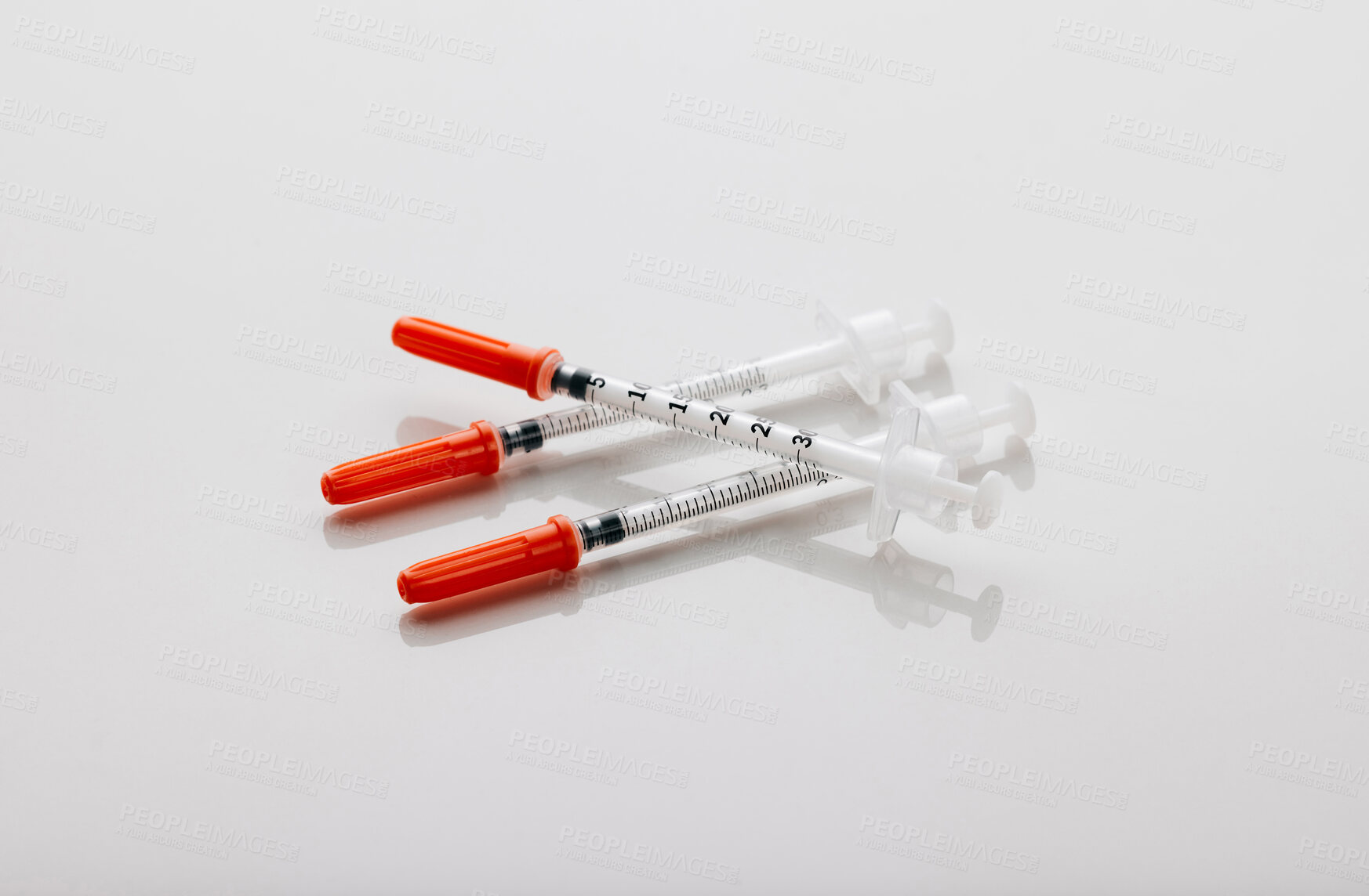 Buy stock photo Pharmacy, syringe and injection for vaccine, medication and illness or cure on white studio background. Drugs, needle and pharmaceutical product for healthcare, flu shot or equipment at clinic