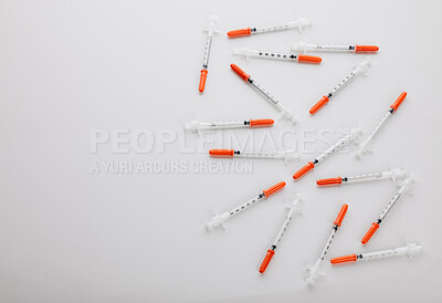 Buy stock photo Pharmacy, syringe and drugs for vaccine, medication and illness or cure on white studio background. Above injection, needle and pharmaceutical product for healthcare, flu shot or equipment at clinic