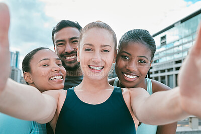 Buy stock photo Portrait, fitness and selfie of happy friends in city for teamwork, support and motivation to exercise. Face, smile and sports group in picture together for diversity, health blog and people in pov