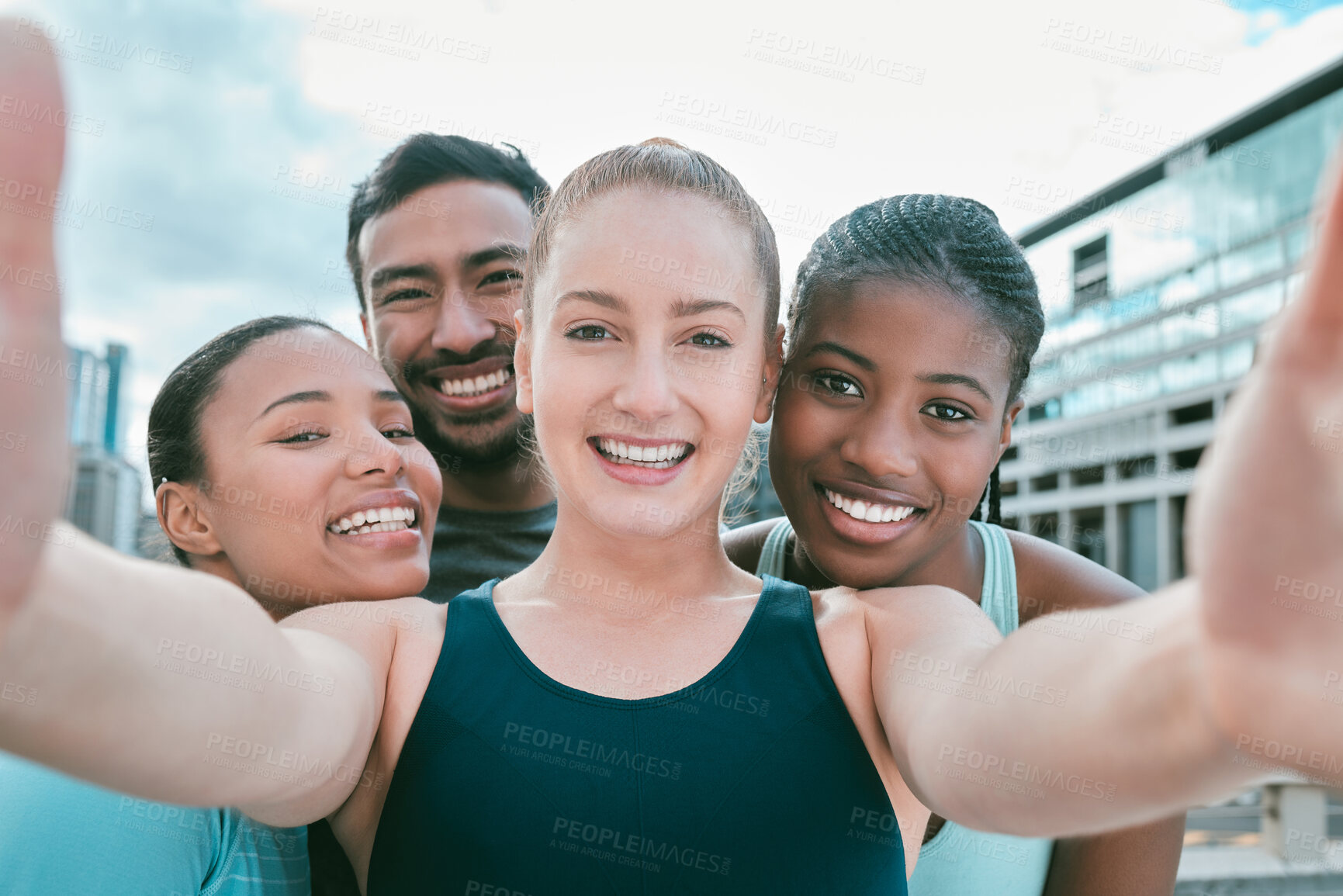 Buy stock photo Portrait, fitness and selfie of happy friends in city for teamwork, support and motivation to exercise. Face, smile and sports group in picture together for diversity, health blog and people in pov