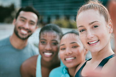 Buy stock photo Portrait, fitness and selfie of happy woman with friends in city for teamwork, exercise or training. Face, smile and sports group in picture together for diversity, health blog and influencer in pov