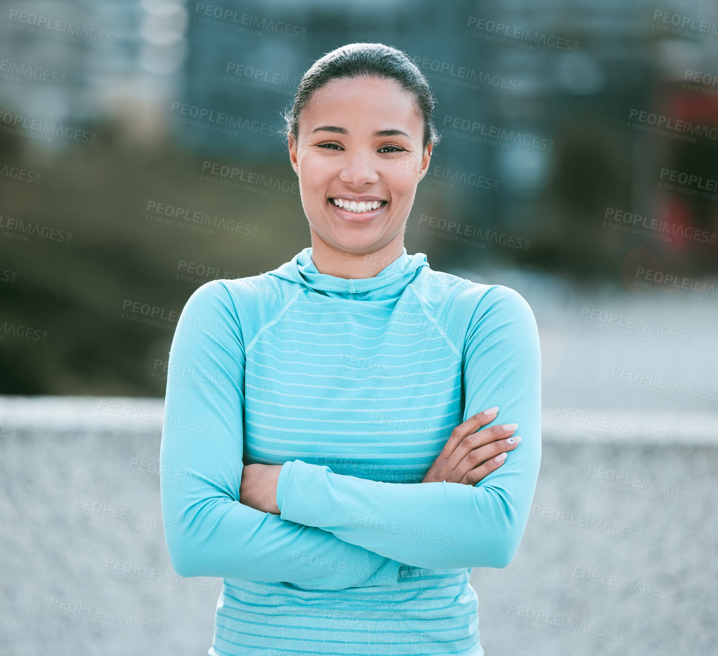 Buy stock photo Outdoor, fitness and woman with smile in arms crossed in city for exercise, workout and jogging. Female person, portrait and happy or satisfied with pride for self care, wellness and confidence