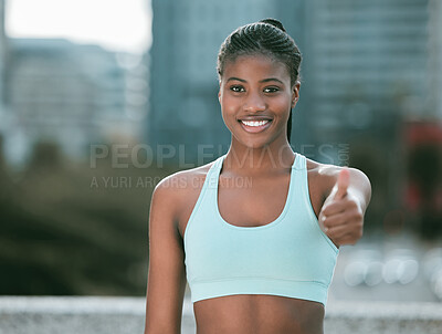 Buy stock photo Outdoor, portrait and black woman with thumbs up for fitness, success and achievement for exercise. City, female person and athlete with hand gesture for yes sign, wellness goal and training target