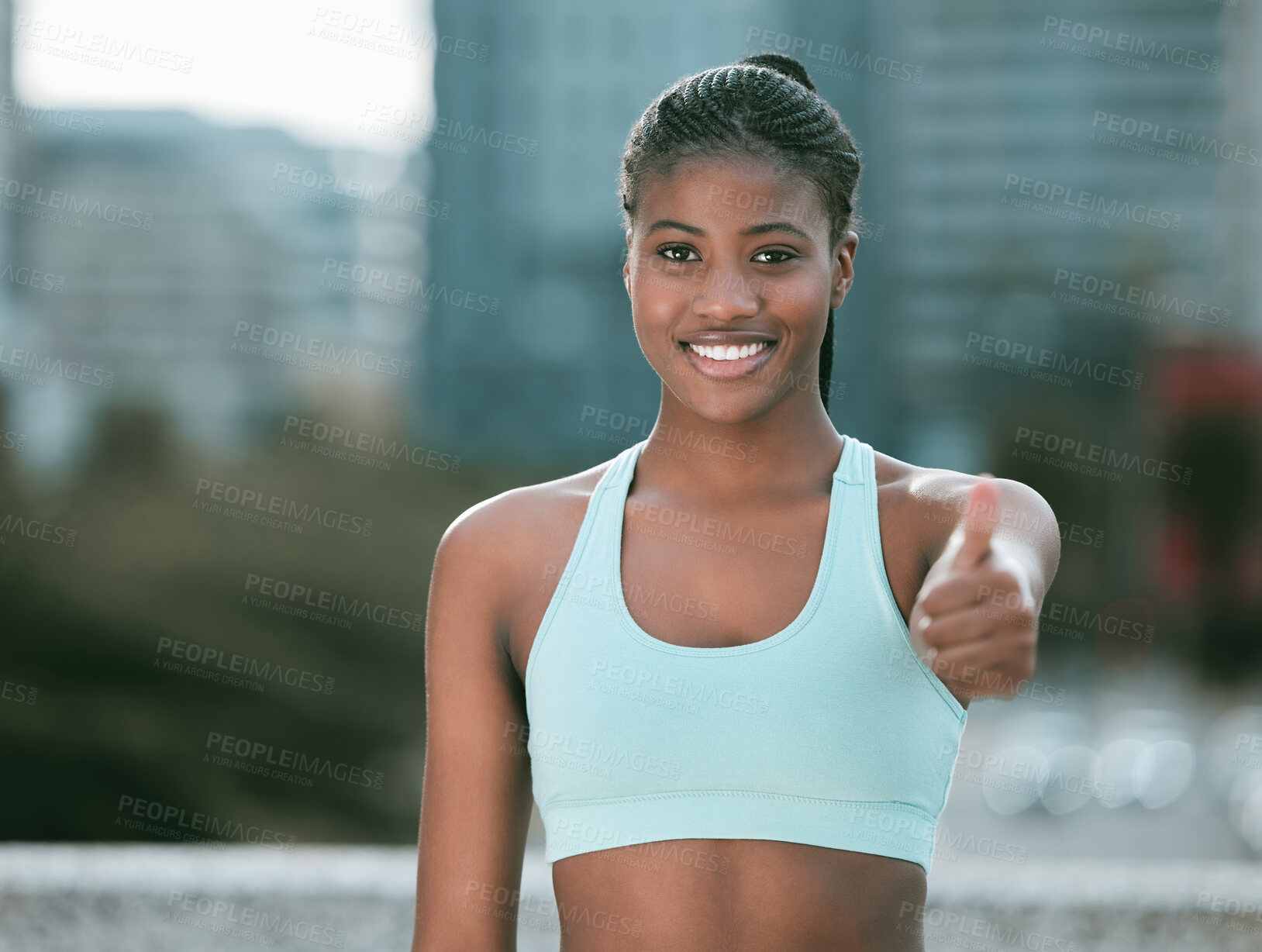 Buy stock photo Outdoor, portrait and black woman with thumbs up for fitness, success and achievement for exercise. City, female person and athlete with hand gesture for yes sign, wellness goal and training target