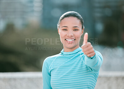 Buy stock photo Outdoor, portrait and happy woman with thumbs up for fitness, success and achievement for exercise. City, female person and athlete with hand gesture for yes sign, wellness goal and training target