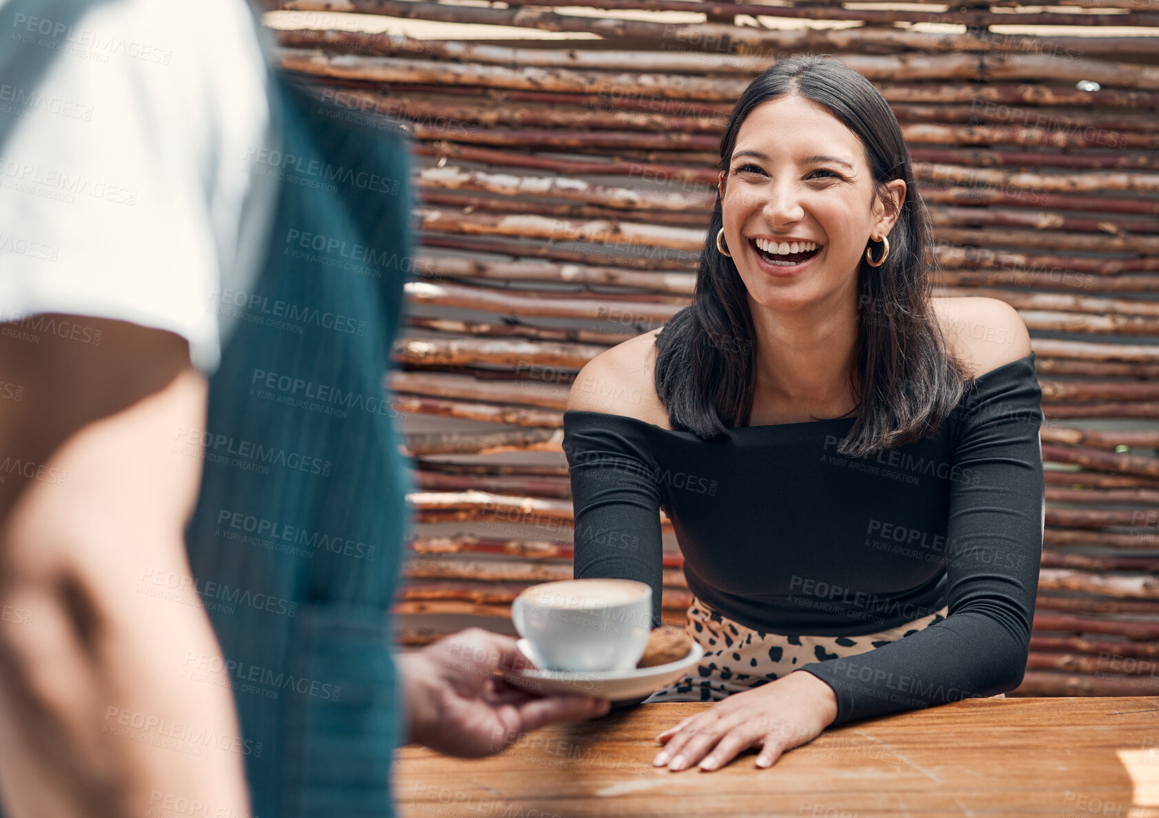 Buy stock photo Woman, waiter and service for coffee in cafe with smile, serving cappuccino and hospitality. Happy customer, server and giving hot beverage at restaurant table with laughing, funny barista and relax