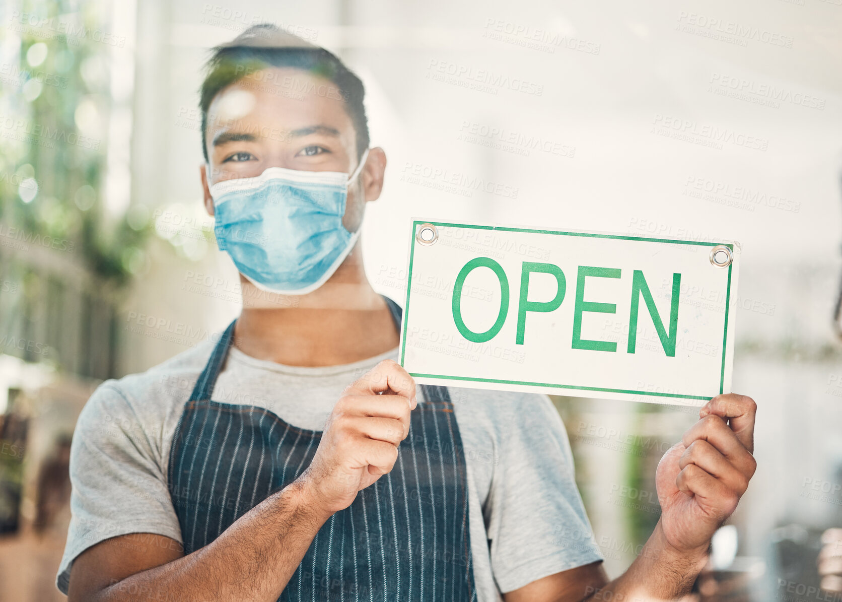 Buy stock photo Waiter, man and mask portrait with sign at cafe for welcome, customer service and ready to start day. Barista, person and board with message at coffee shop opening for hospitality at small business