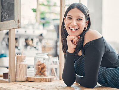 Buy stock photo Portrait, business owner and woman with smile in cafe, professional career and confidence for startup. Coffee shop, female person and barista with pride for hospitality, customer service or happiness