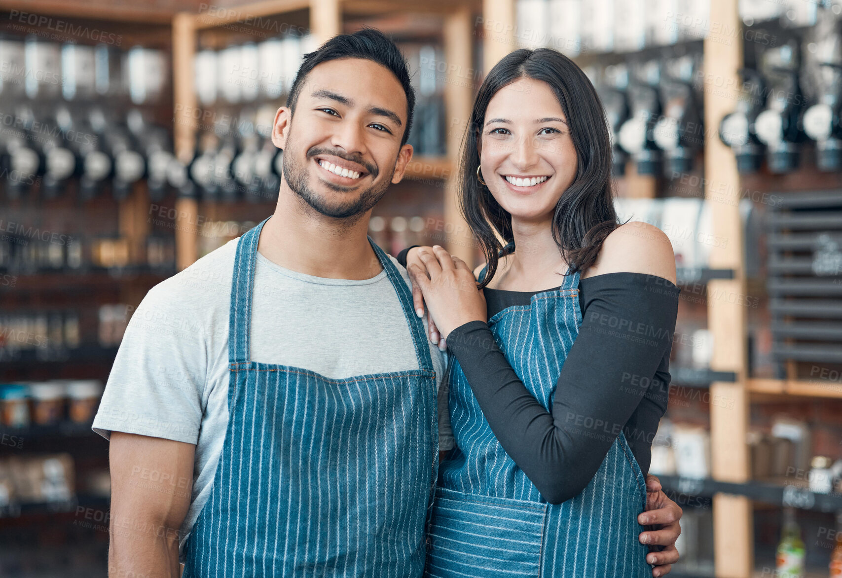 Buy stock photo Hospitality, portrait and team with couple at cafe for small business, partnership or restaurant launch. Entrepreneur, barista and diner with woman and man at coffee shop for waiter, manager or store