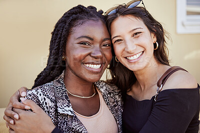 Buy stock photo Friendship hug, women and portrait in city with happiness, sisterhood bonding and travel. Students, smile or embrace on sidewalk for reunion, study break vacation or excited in healthy relationship