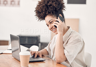 Buy stock photo Laptop, phone call and smile of remote work woman at desk in home office for communication. Coffee, computer and conversation with happy freelance employee talking in apartment for networking