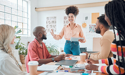 Buy stock photo Meeting, tablet and vision with designer business people in creative workplace for planning. Company, our vision and presentation with woman talking to employee team in office for development