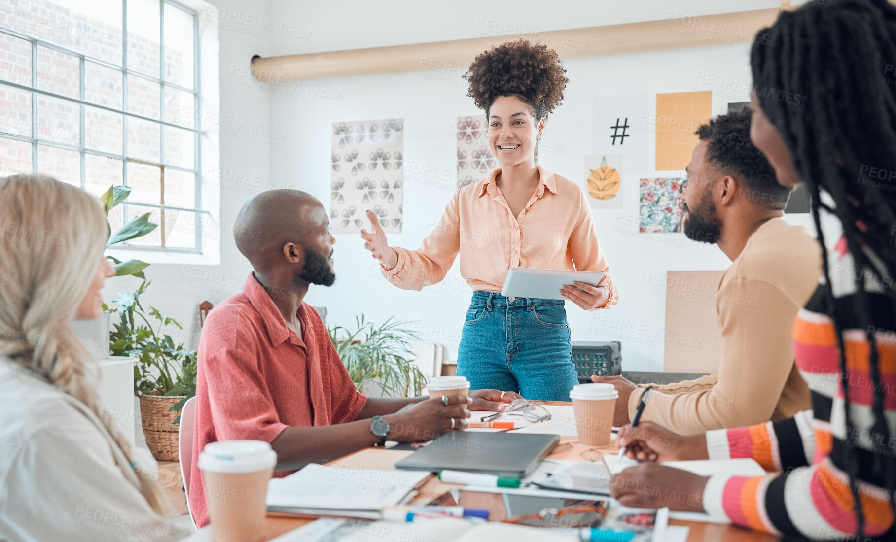 Buy stock photo Meeting, tablet and vision with designer business people in creative workplace for planning. Company, our vision and presentation with woman talking to employee team in office for development