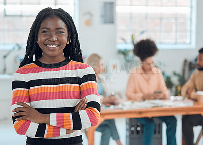 Buy stock photo Arms crossed, meeting and portrait with business woman in office for internship, campaign layout or branding. Creative director, idea and consulting with employee for design, launch and project