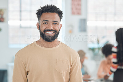 Buy stock photo Business man, portrait and happy in office for management, work experience or career confidence. Creative agency, smile and pride for professional designer, ambition or company development in Nigeria