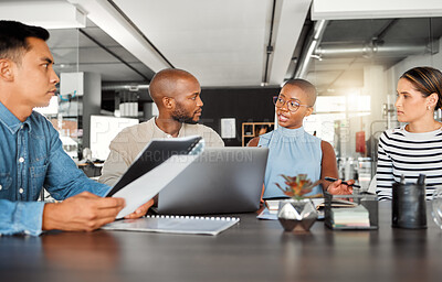 Buy stock photo Business, people and meeting in office with laptop, paperwork and discussion of project schedule. Diversity, employees and communication for documents, online research and proposal feedback of report