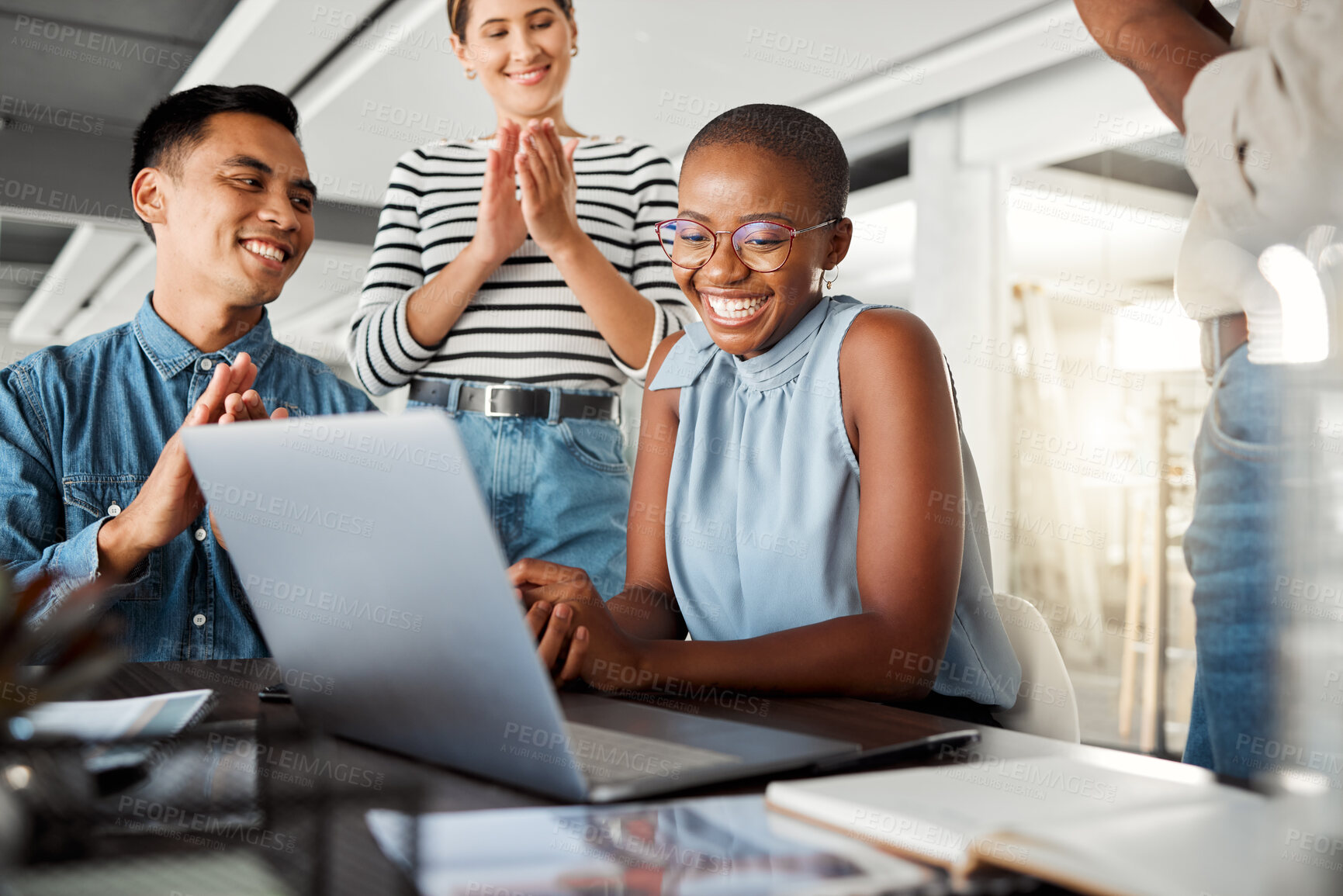 Buy stock photo Business, people and applause for meeting in office with laptop email, promotion success and project winner. Smile, staff and online news of kpi goal, progress and celebration of proposal achievement