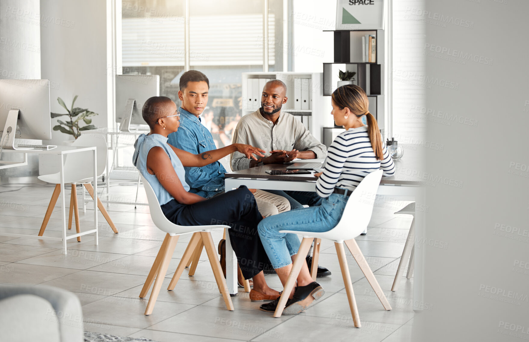 Buy stock photo Business people, meeting and diversity in office with digital media management team and chat. Teamwork, conversation and online campaign launch and planning at desk with collaboration at startup 