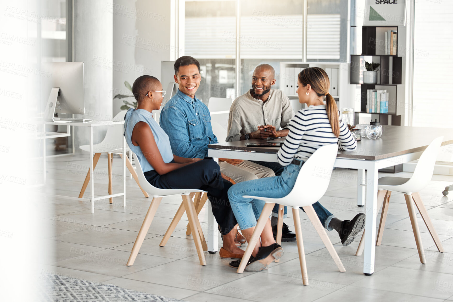 Buy stock photo Business people, meeting and happy in office with digital media management team and chat. Teamwork, conversation and online campaign launch and planning with agency strategy and diversity at startup 