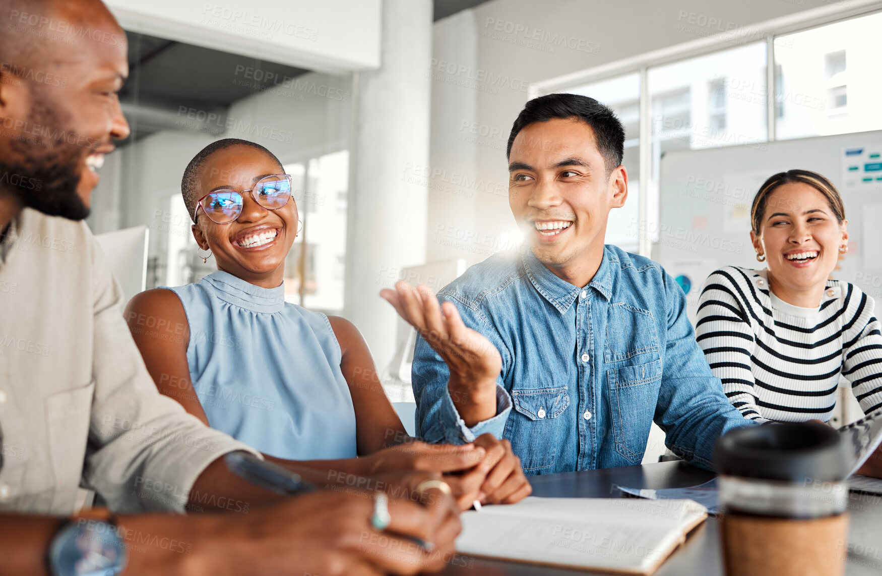 Buy stock photo Business people, meeting and laugh in office with digital media management and group chat. Teamwork, conversation and online campaign launch and planning with laptop and diversity at startup 