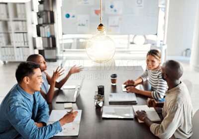 Buy stock photo Lightbulb, group and business people in meeting for ideas, thinking or brainstorming solution. Creative, team and lamp for planning, collaboration and problem solving for campaign design in startup