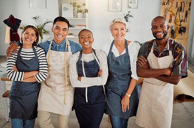 Buy stock photo Portrait, people and fashion designer in studio with diversity, confidence and pride for clothing in workshop. Team, happiness and collaboration as professional tailor for coworking in small business