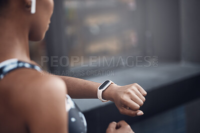 Buy stock photo Hands, runner and check smart watch in city for stats, steps and progress for speed challenge in street. Person, girl and timer with iot clock for training, exercise and workout on road in Costa Rica