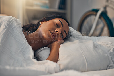 Buy stock photo Woman, tired and sleeping in bed for comfort, rest and exhausted in home with blanket and pillow. Female person, fatigue and asleep in bedroom for nap, dream and burnout with relax, peace and break