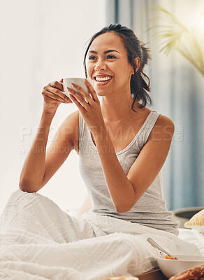 Buy stock photo Thinking, bed and woman with coffee, happiness and relax with comfort, start day and smile. House, bedroom and girl with blanket, herbal tea or espresso with wonder, morning or choice with cappuccino