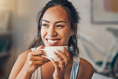 Buy stock photo Thinking, bed and woman with coffee, relax and smile with comfort, start day and morning. House, bedroom and girl with break, herbal tea and espresso with wonder, decision and calm with cappuccino