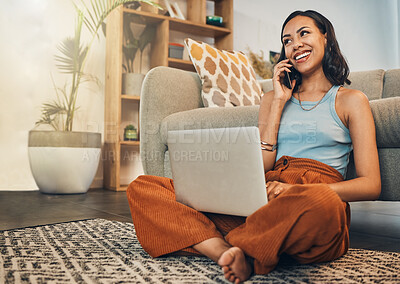 Buy stock photo Happy woman, laptop and floor with phone call for conversation, discussion or friendly chat at home. Young, female person or freelancer with smile on mobile smartphone for communication at house