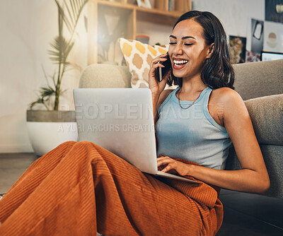 Buy stock photo Happy woman, laptop or laughing with phone call for conversation or fun discussion at home. Young, female person or journalist with smile on mobile smartphone for communication or funny chat at house