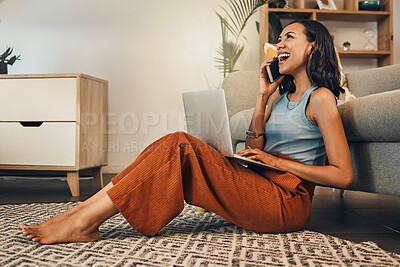 Buy stock photo Happy woman, laptop or laughing with phone call for fun conversation or discussion at home. Young, female person or journalist with smile on mobile smartphone for communication or funny chat at house