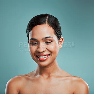 Buy stock photo Results, makeup or woman with beauty, skincare or glow on face in studio on blue background. Happy model, smile or confident girl with facial health for wellness treatment, shine or pride in France