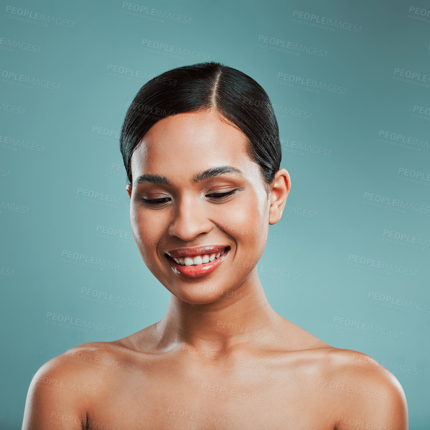 Buy stock photo Results, makeup or woman with beauty, skincare or glow on face in studio on blue background. Happy model, smile or confident girl with facial health for wellness treatment, shine or pride in France